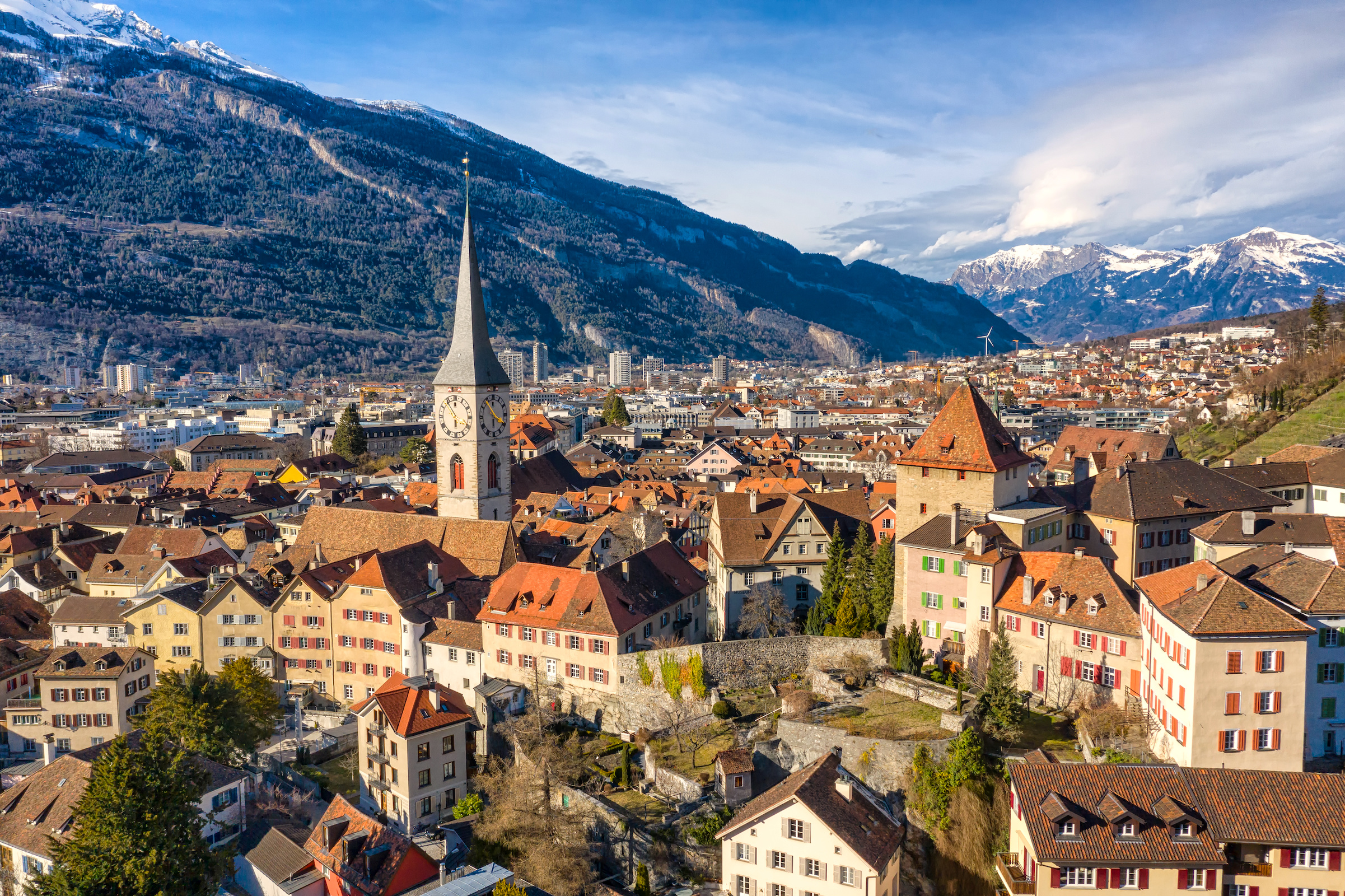 Chur old town with the Graubünden mountains behind it